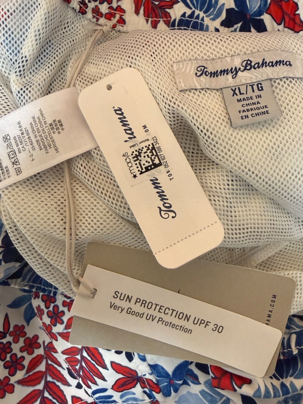 Tommy Bahama Set 100% Silk Shirt Swim Trunks Floral Red White Blue Hawaiian L/XL - Picture 11 of 13
